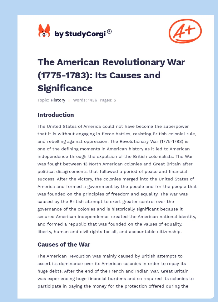 The American Revolutionary War (1775-1783): Its Causes and Significance. Page 1