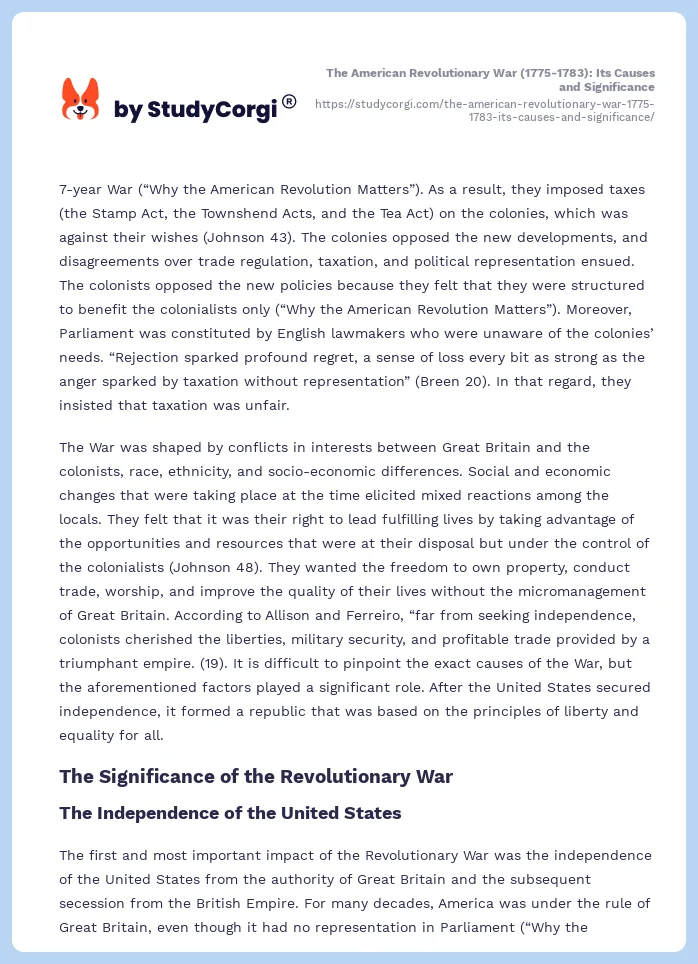 The American Revolutionary War (1775-1783): Its Causes and Significance. Page 2