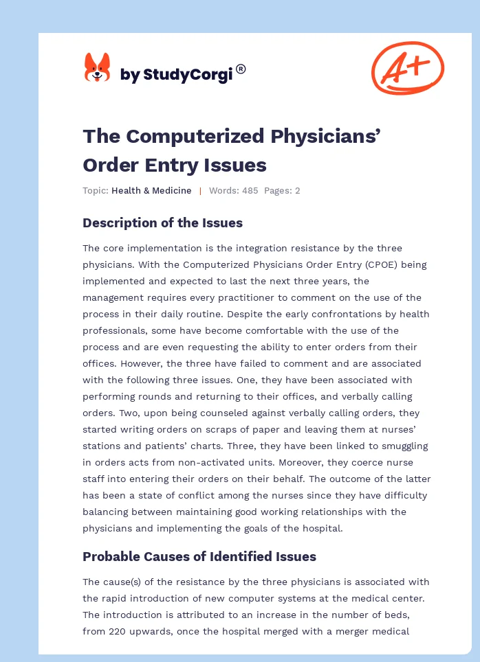 The Computerized Physicians’ Order Entry Issues. Page 1