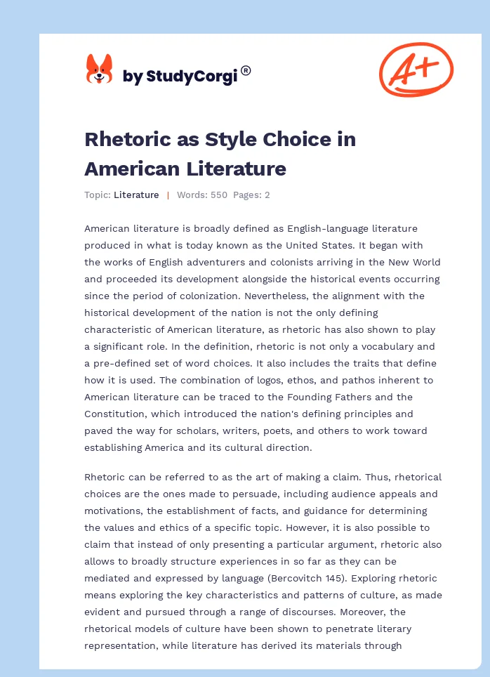 Rhetoric as Style Choice in American Literature. Page 1