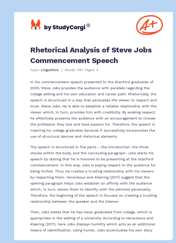 Rhetorical Analysis of Steve Jobs Commencement Speech. Page 1