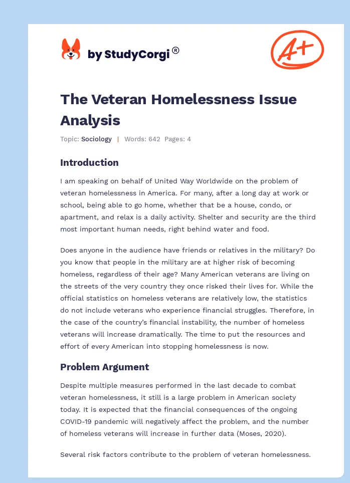 The Veteran Homelessness Issue Analysis. Page 1