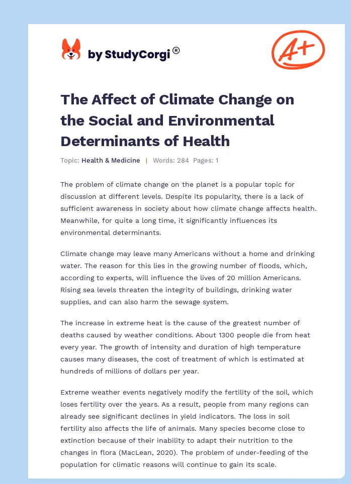 The Affect of Climate Change on the Social and Environmental Determinants of Health. Page 1