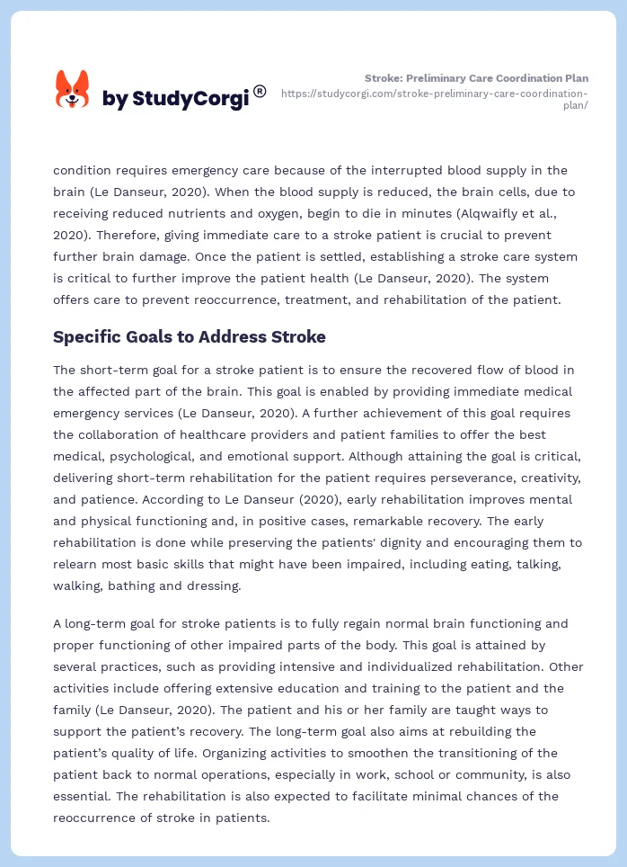 Stroke: Preliminary Care Coordination Plan. Page 2