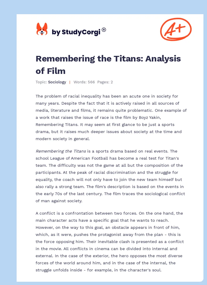 Remembering the Titans: Analysis of Film. Page 1