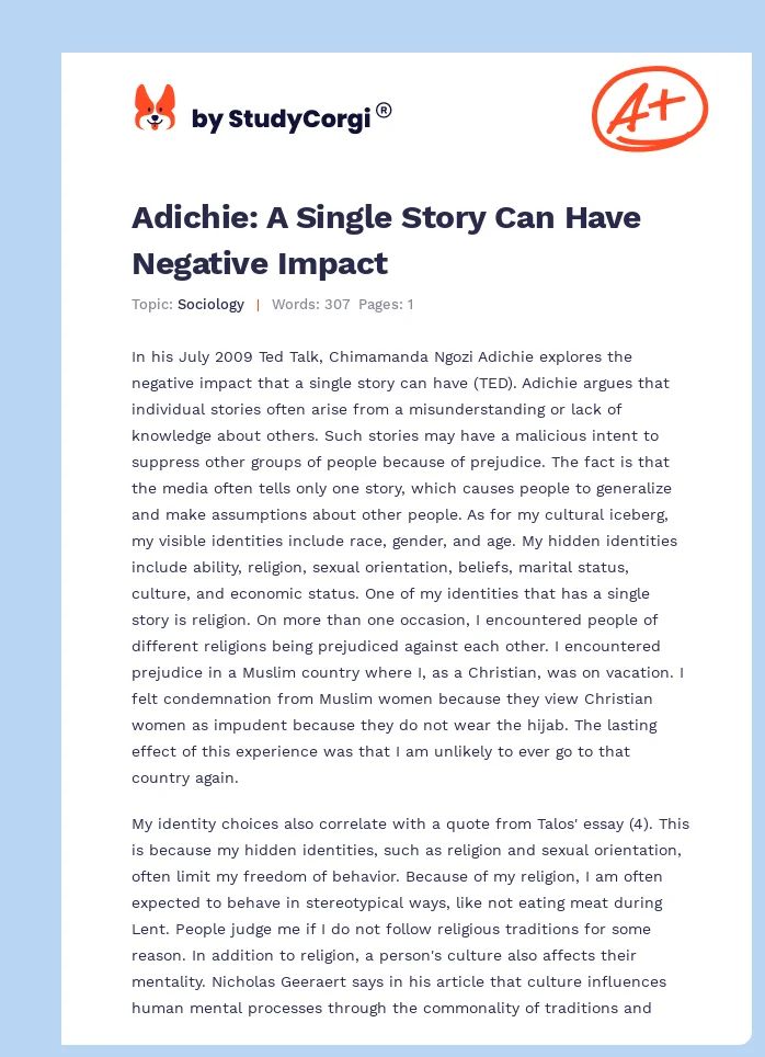 Adichie: A Single Story Can Have Negative Impact. Page 1