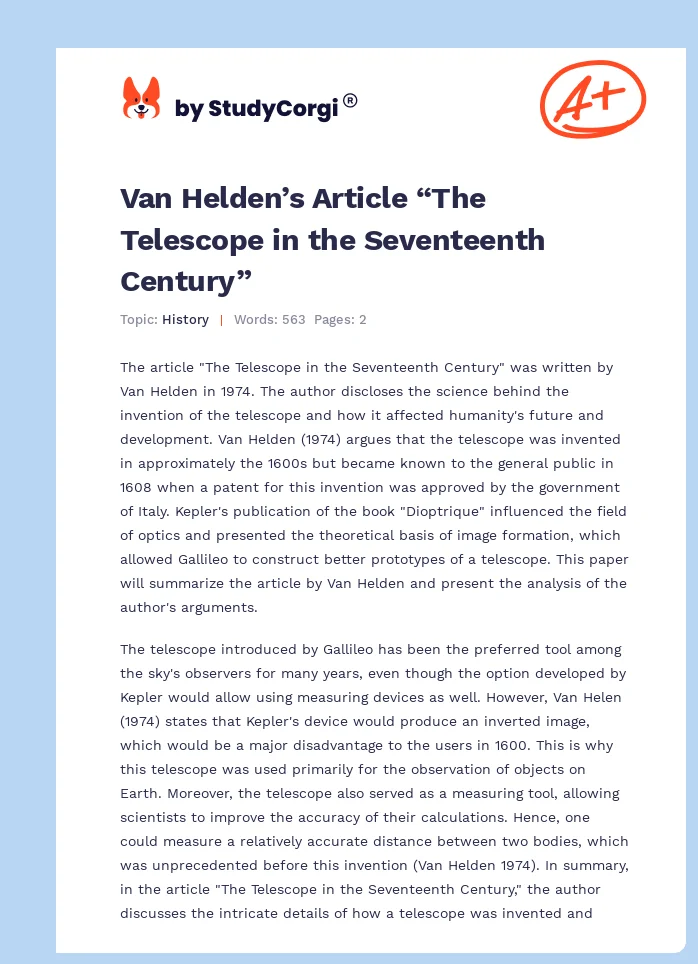 Van Helden’s Article “The Telescope in the Seventeenth Century”. Page 1