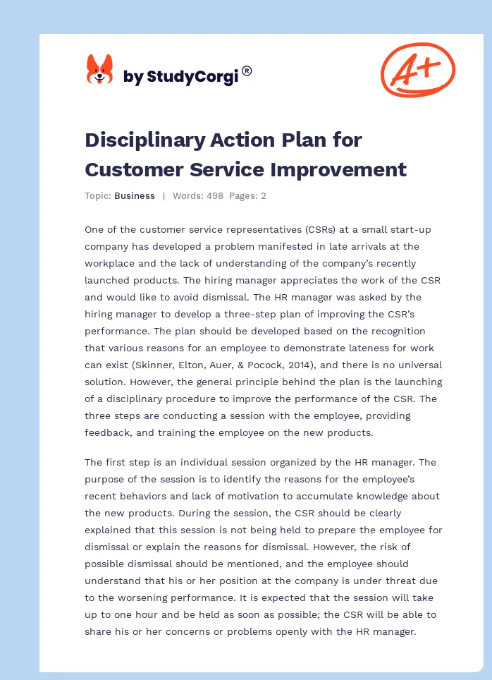 Disciplinary Action Plan for Customer Service Improvement. Page 1