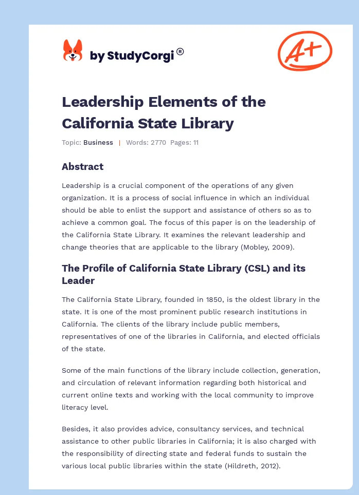 Leadership Elements of the California State Library. Page 1