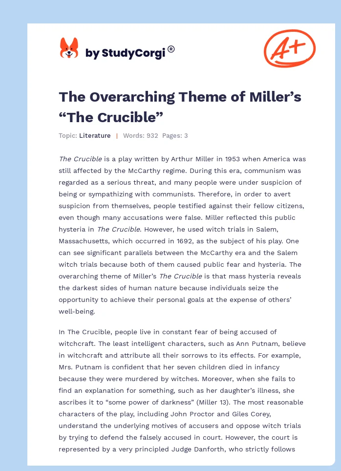 The Overarching Theme of Miller’s “The Crucible”. Page 1