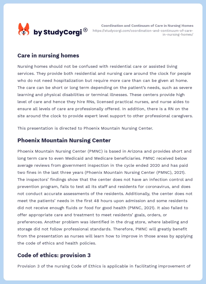 Coordination and Continuum of Care in Nursing Homes. Page 2