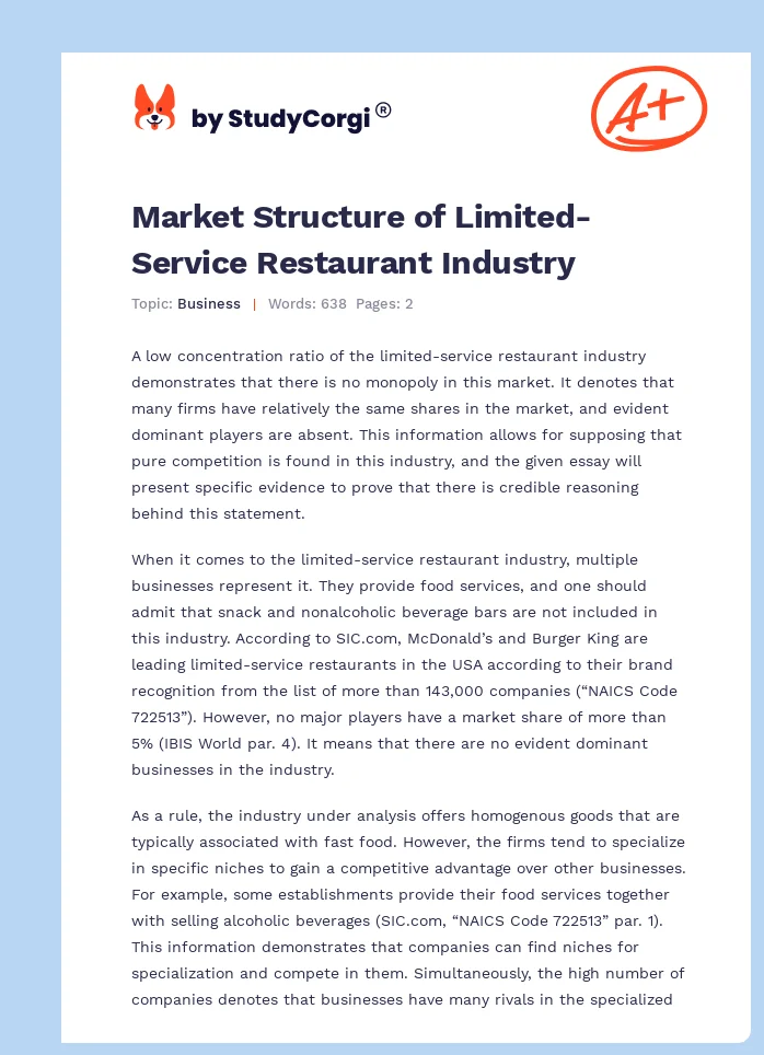 Market Structure of Limited-Service Restaurant Industry. Page 1