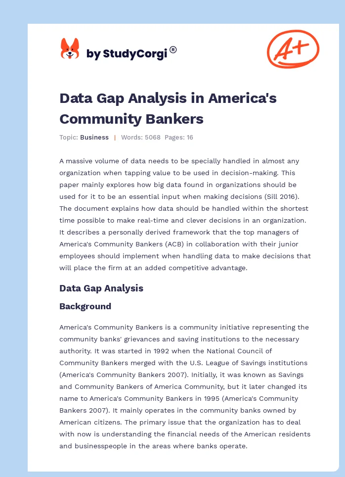 Data Gap Analysis in America's Community Bankers. Page 1