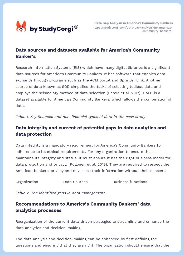 Data Gap Analysis in America's Community Bankers. Page 2
