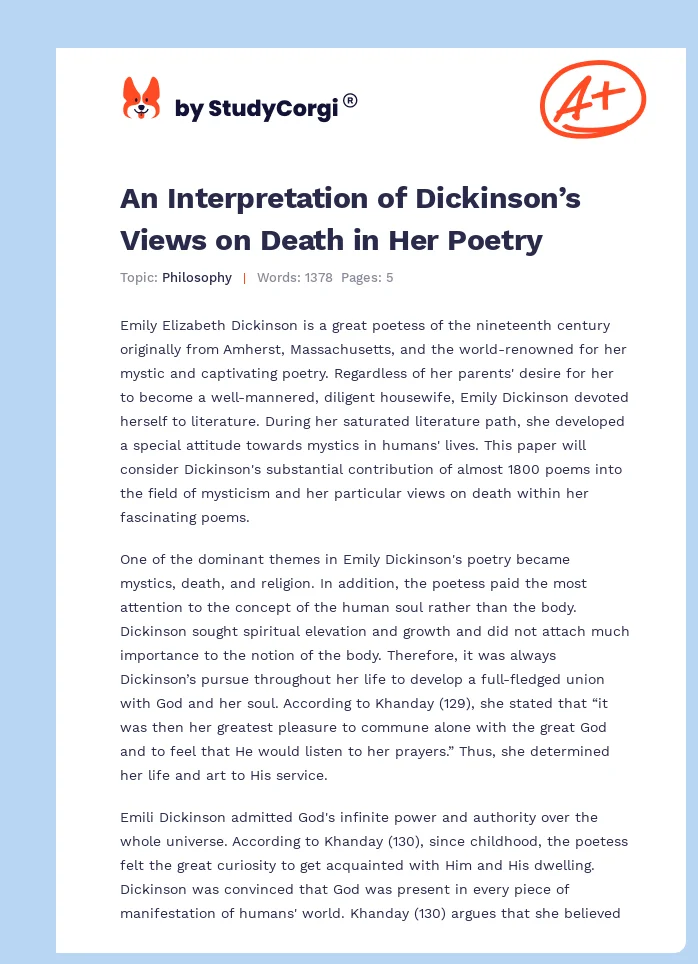 An Interpretation of Dickinson’s Views on Death in Her Poetry. Page 1