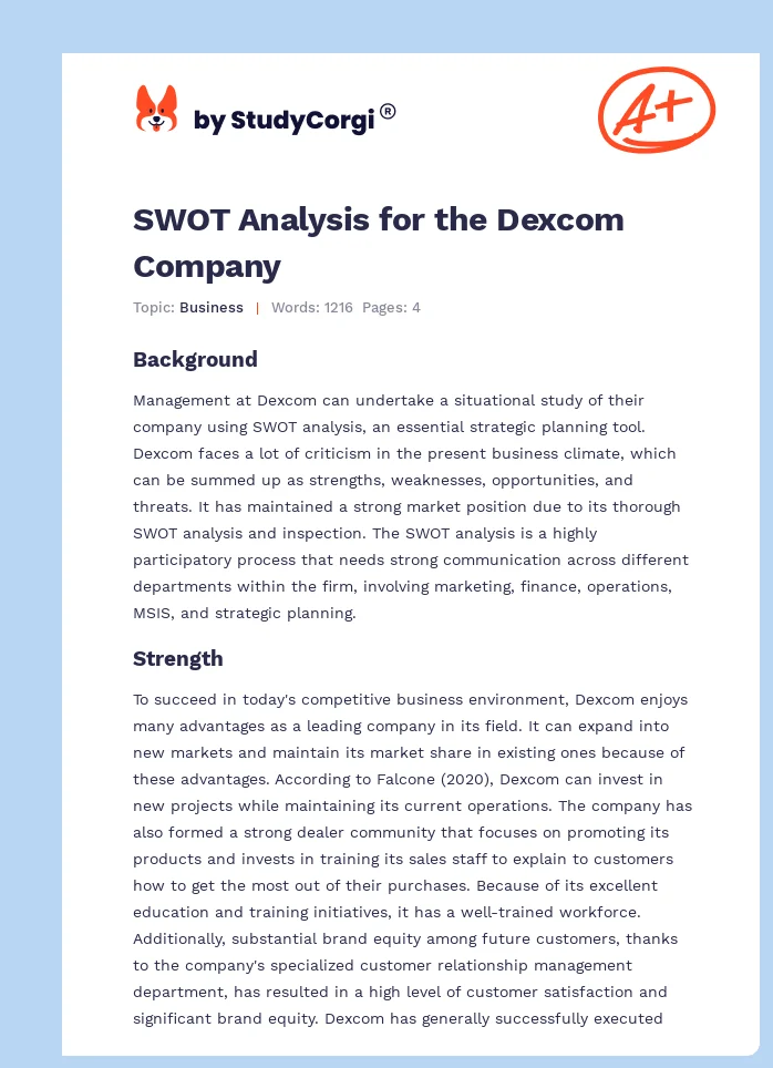 SWOT Analysis for the Dexcom Company. Page 1