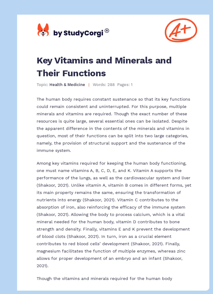 Key Vitamins and Minerals and Their Functions. Page 1