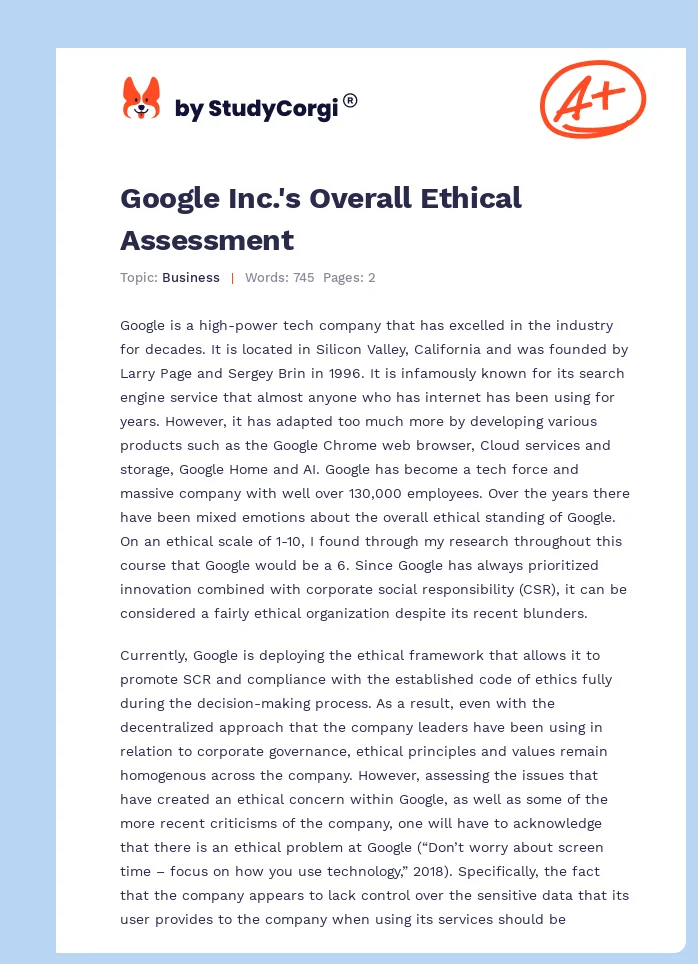 Google Inc.'s Overall Ethical Assessment. Page 1