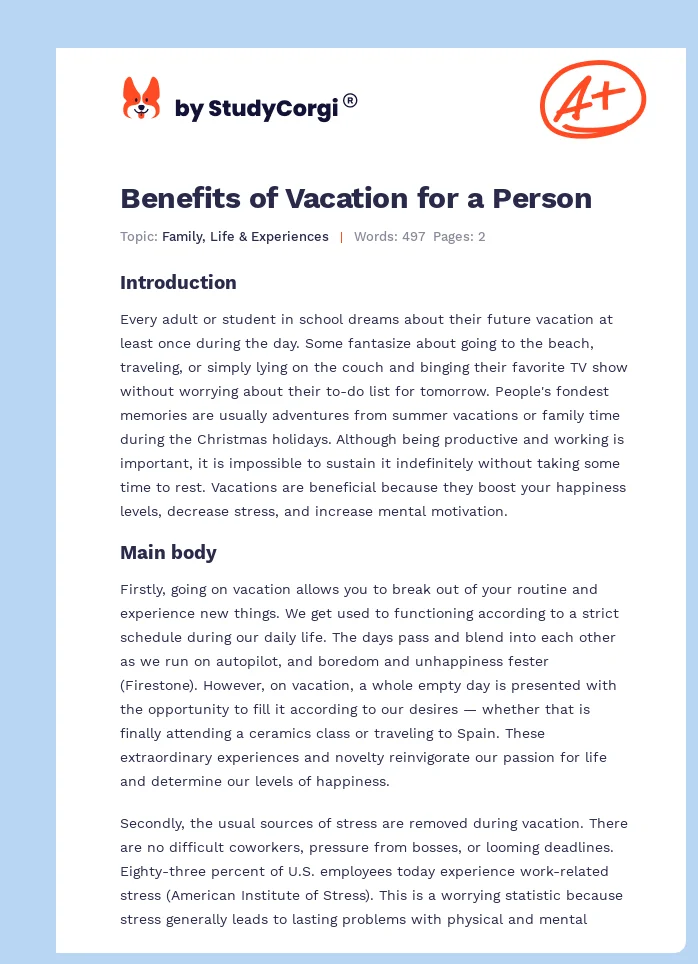 Benefits of Vacation for a Person. Page 1