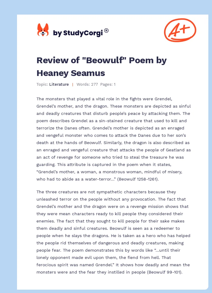 Review of "Beowulf" Poem by Heaney Seamus. Page 1