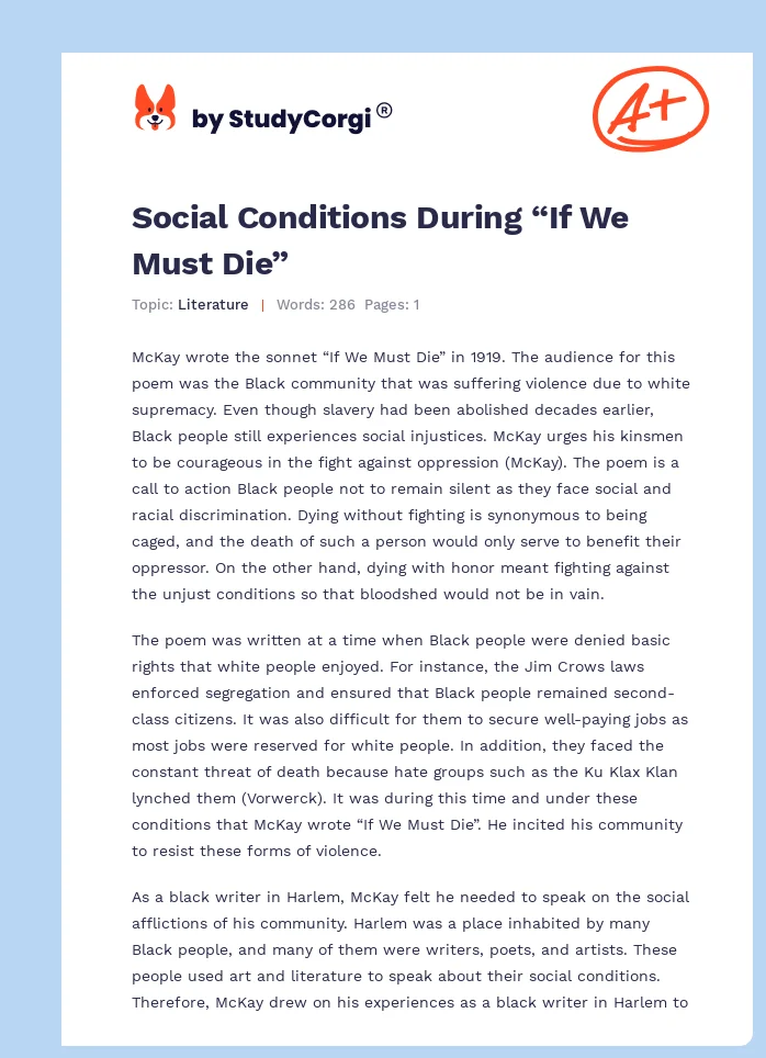 Social Conditions During “If We Must Die”. Page 1