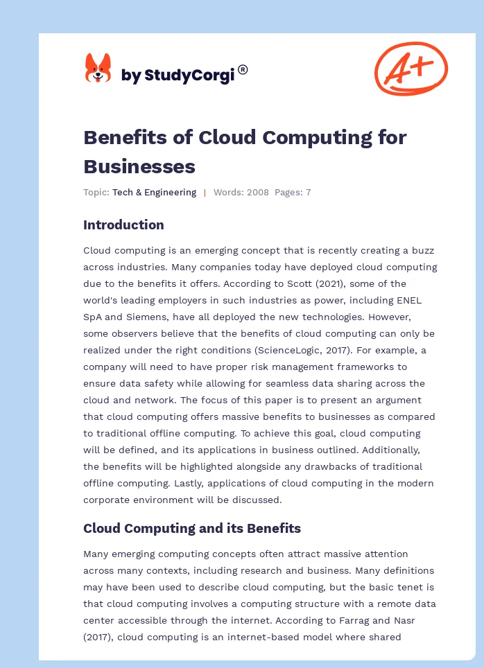 Benefits of Cloud Computing for Businesses. Page 1
