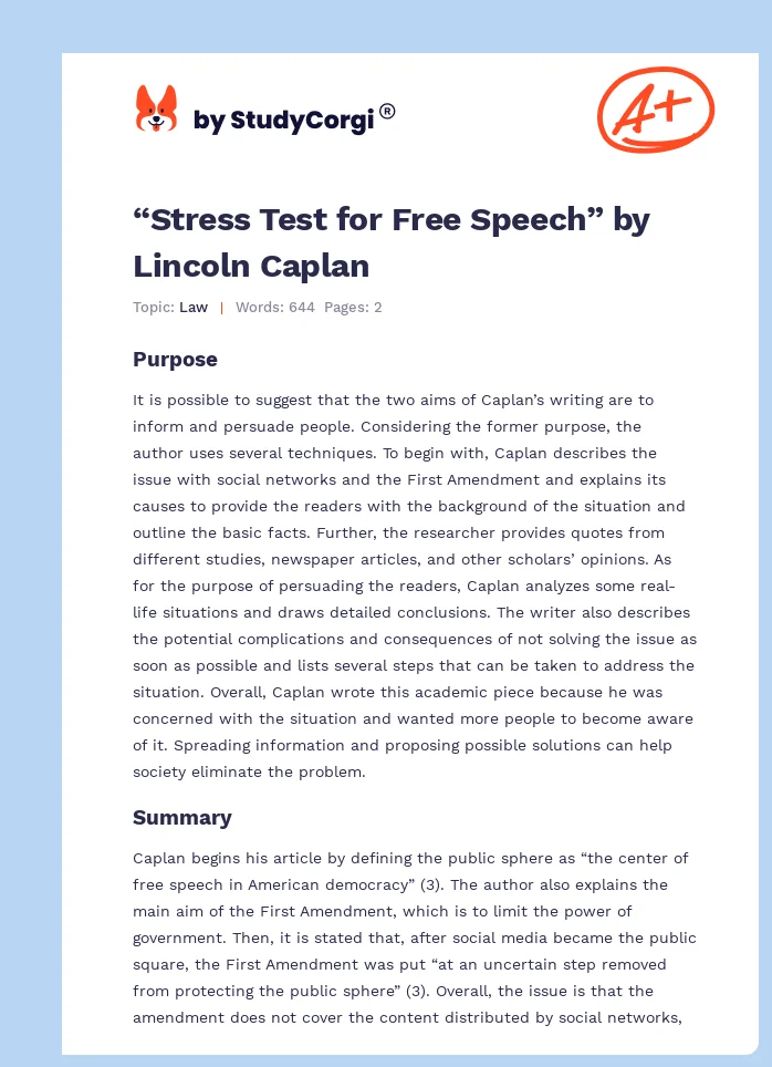 “Stress Test for Free Speech” by Lincoln Caplan. Page 1