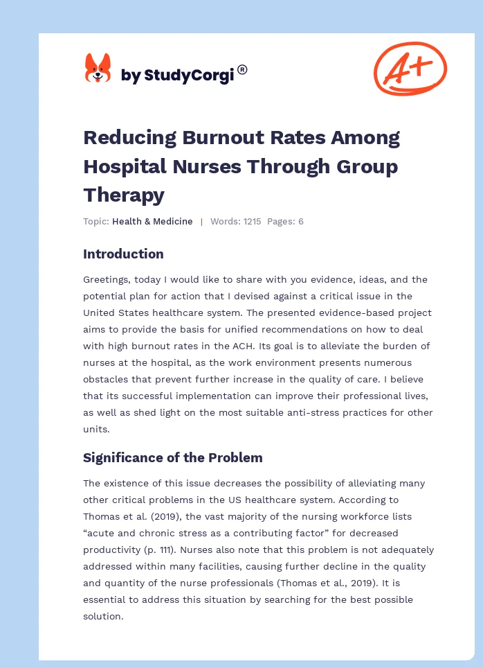 Reducing Burnout Rates Among Hospital Nurses Through Group Therapy. Page 1