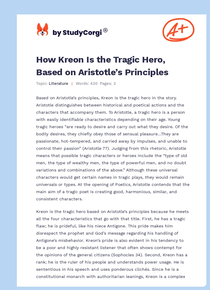 How Kreon Is the Tragic Hero, Based on Aristotle’s Principles. Page 1