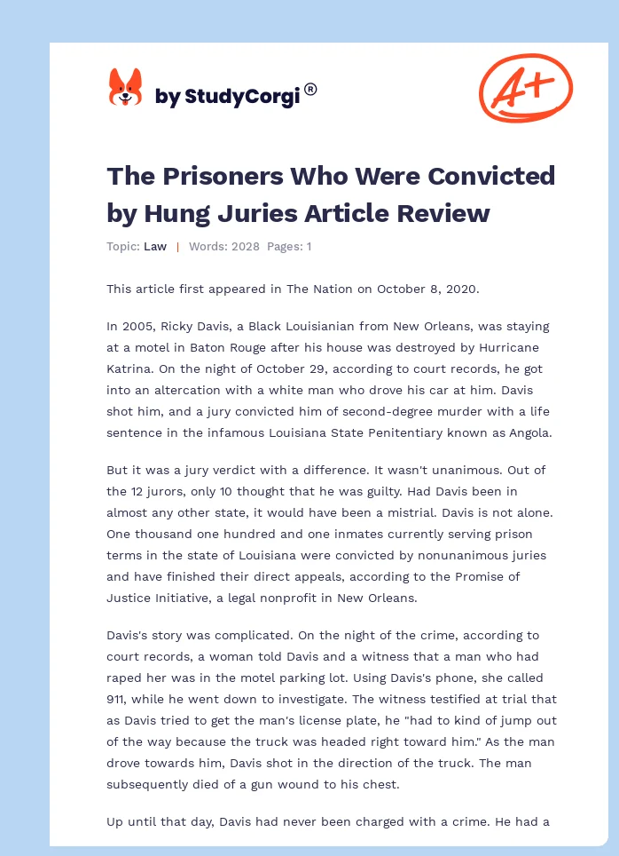 The Prisoners Who Were Convicted by Hung Juries Article Review. Page 1