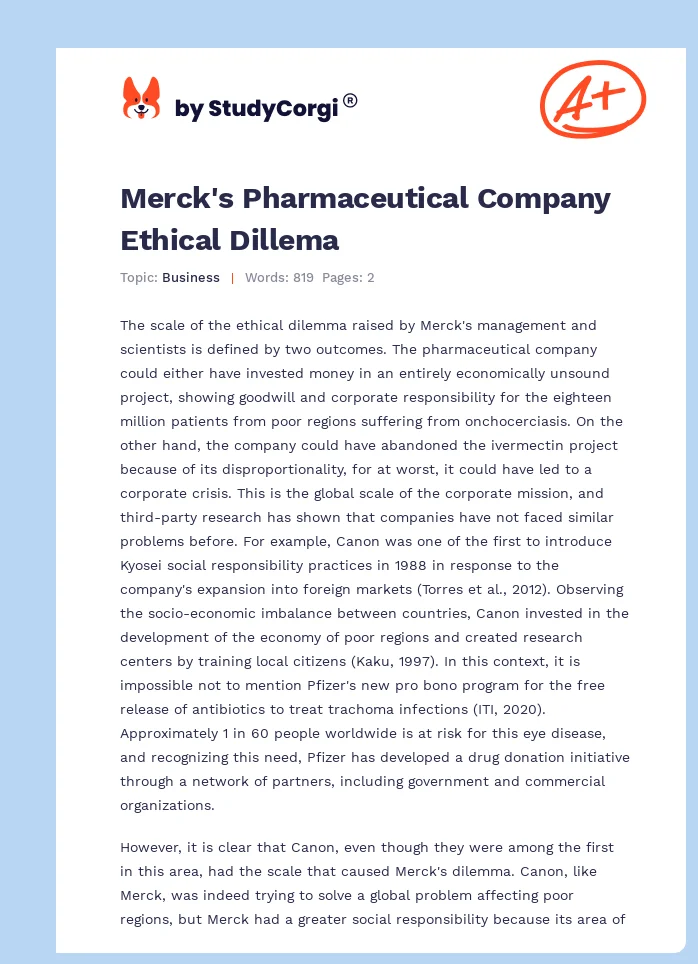 Merck's Pharmaceutical Company Ethical Dillema. Page 1