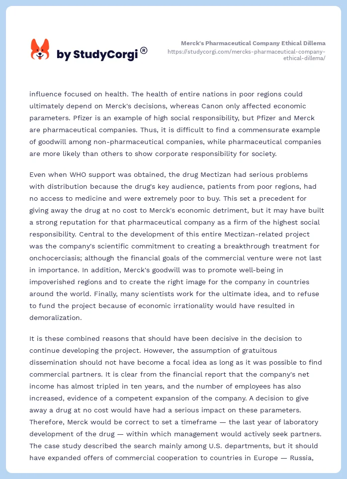 Merck's Pharmaceutical Company Ethical Dillema. Page 2
