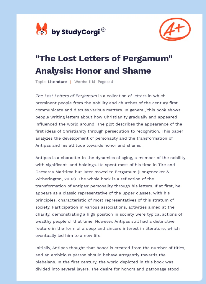 "The Lost Letters of Pergamum" Analysis: Honor and Shame. Page 1