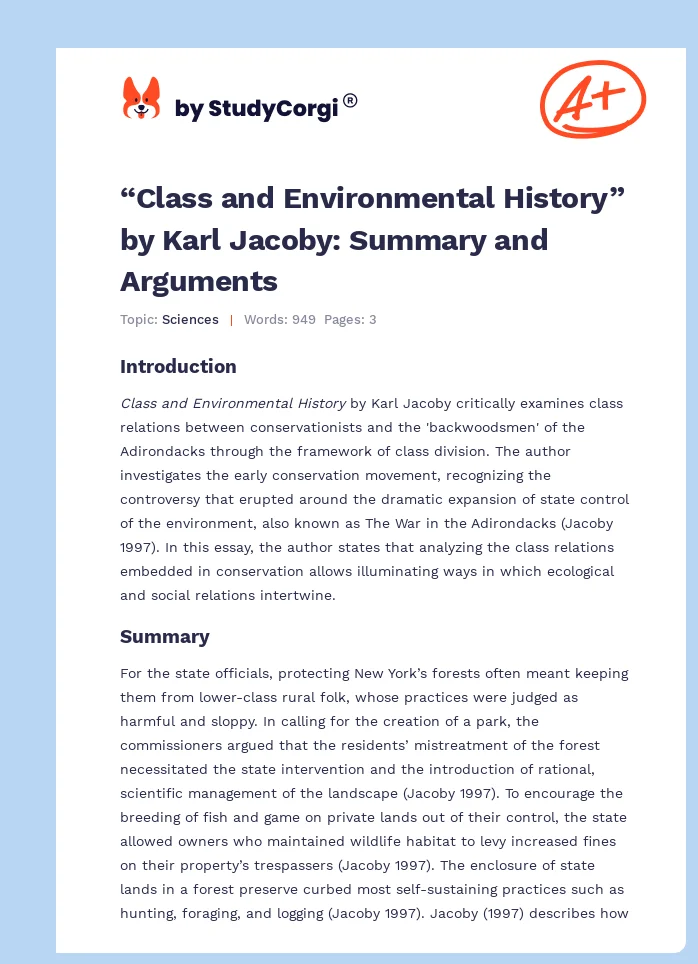 “Class and Environmental History” by Karl Jacoby: Summary and Arguments. Page 1