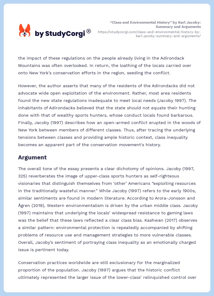 “Class and Environmental History” by Karl Jacoby: Summary and Arguments. Page 2