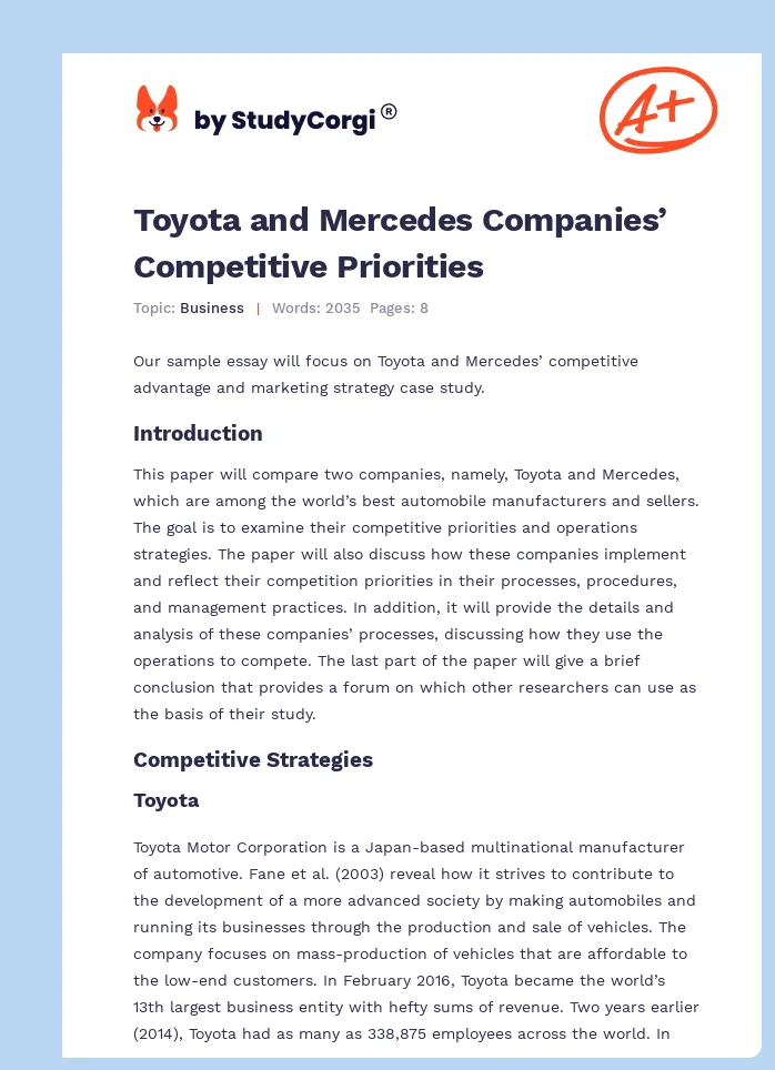 Toyota and Mercedes Companies’ Competitive Priorities. Page 1