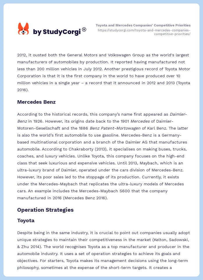 Toyota and Mercedes Companies’ Competitive Priorities. Page 2