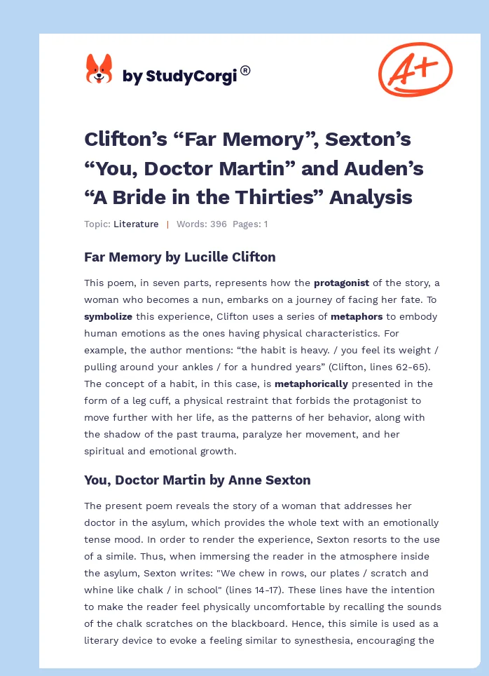 Clifton’s “Far Memory”, Sexton’s “You, Doctor Martin” and Auden’s “A Bride in the Thirties” Analysis. Page 1