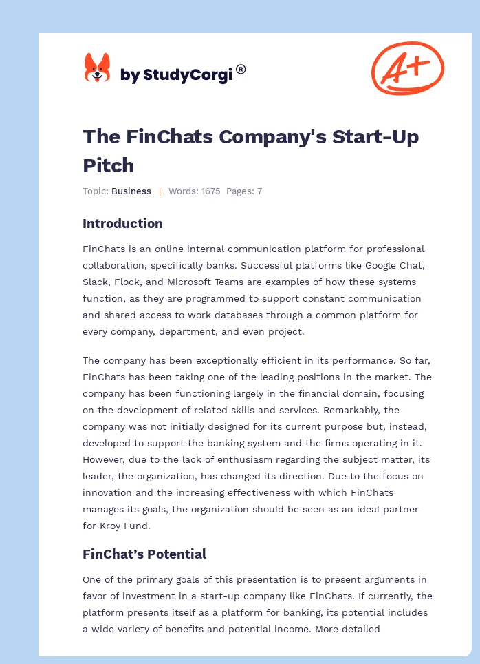 The FinChats Company's Start-Up Pitch. Page 1
