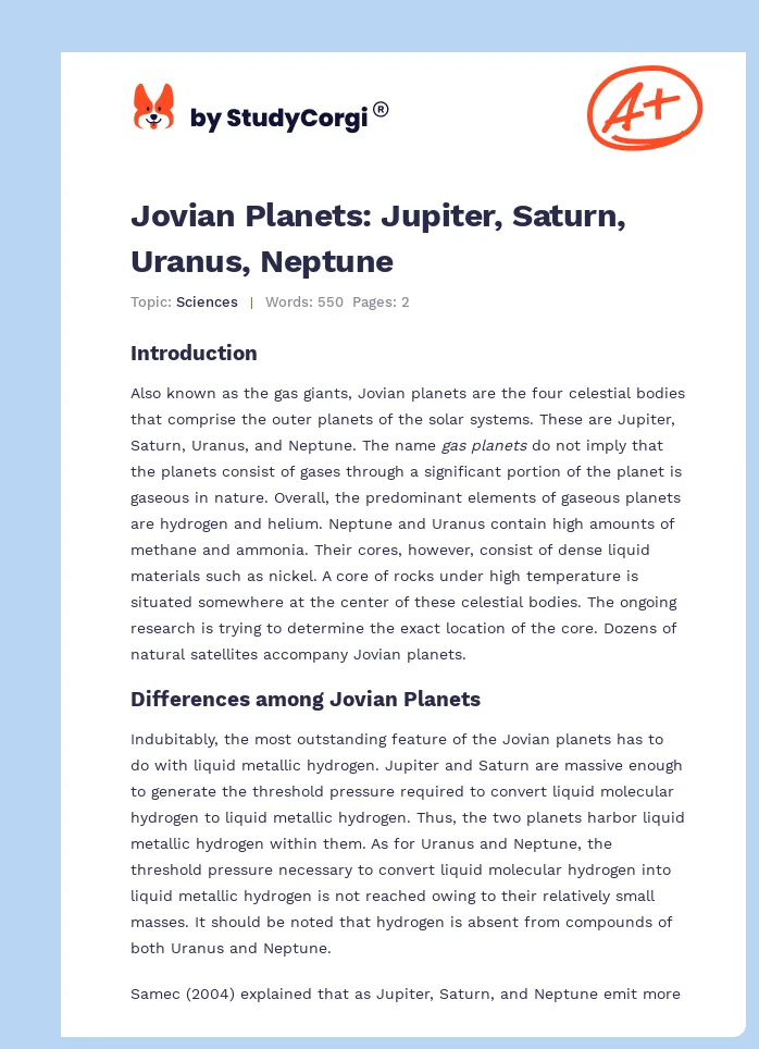 Jovian Planets: Jupiter, Saturn, Uranus, Neptune. Page 1