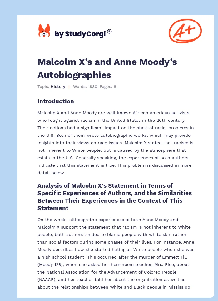 Malcolm X’s and Anne Moody’s Autobiographies. Page 1