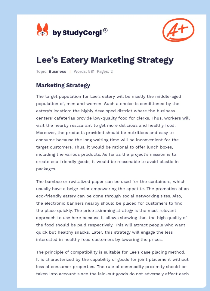 Lee’s Eatery Marketing Strategy. Page 1