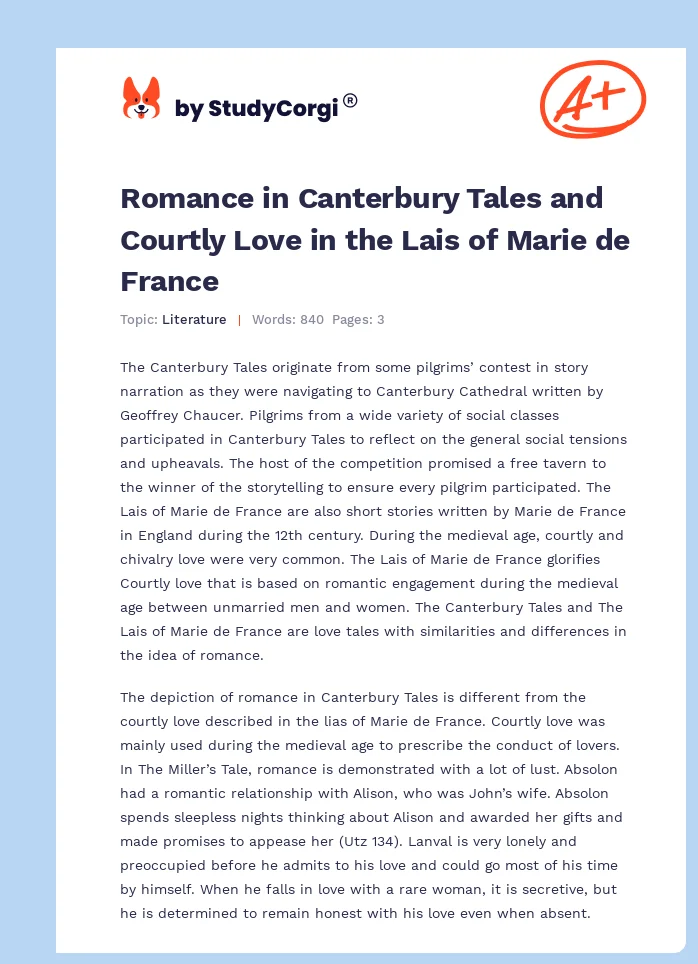 Romance in Canterbury Tales and Courtly Love in the Lais of Marie de France. Page 1