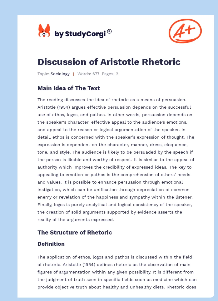 Discussion of Aristotle Rhetoric. Page 1