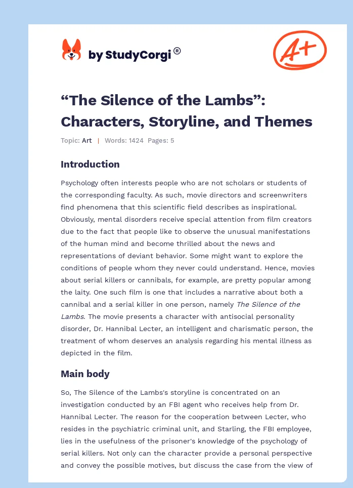 “The Silence of the Lambs”: Characters, Storyline, and Themes. Page 1