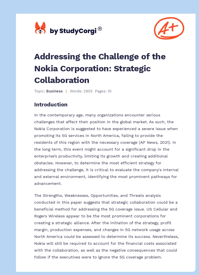 Addressing the Challenge of the Nokia Corporation: Strategic Collaboration. Page 1