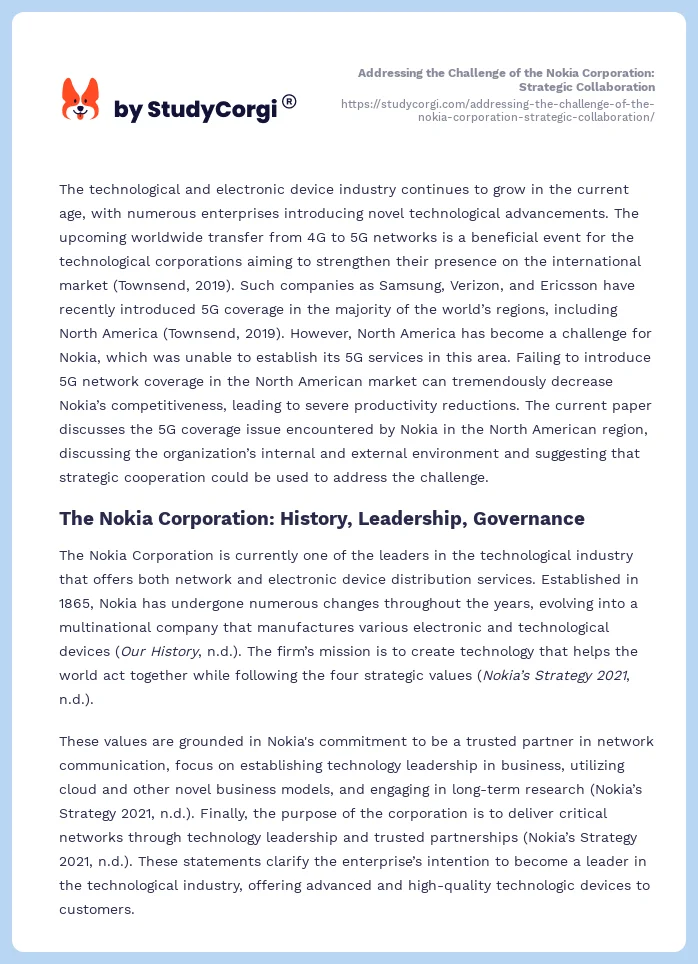 Addressing the Challenge of the Nokia Corporation: Strategic Collaboration. Page 2
