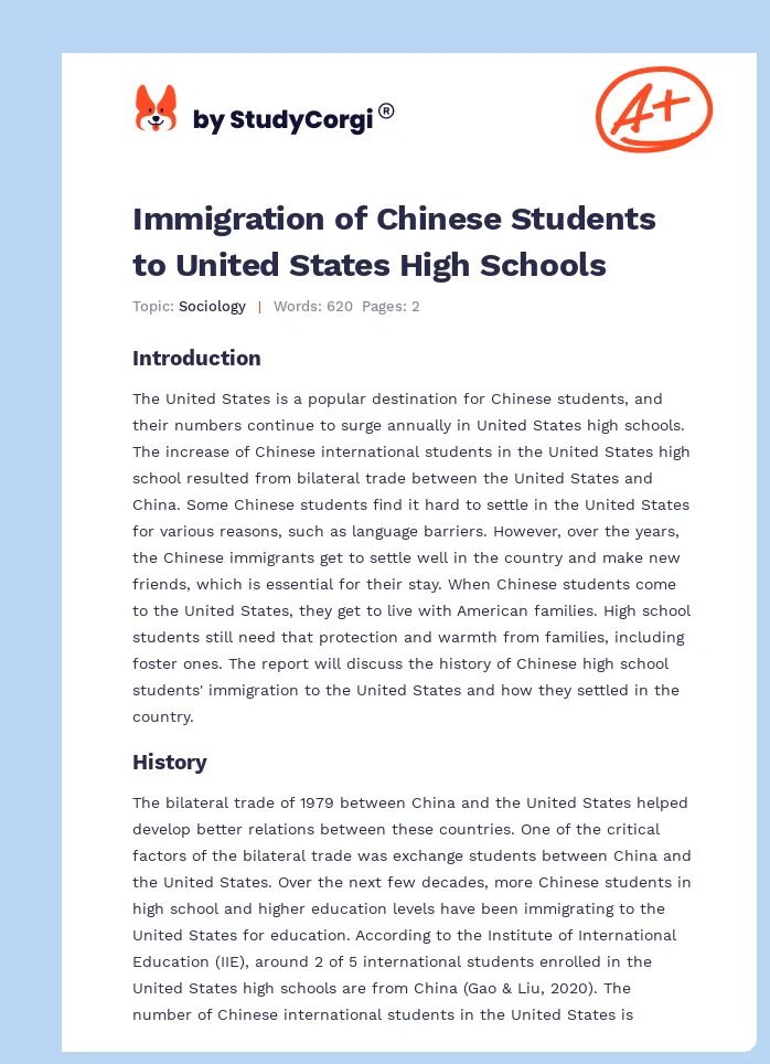 Immigration of Chinese Students to United States High Schools. Page 1