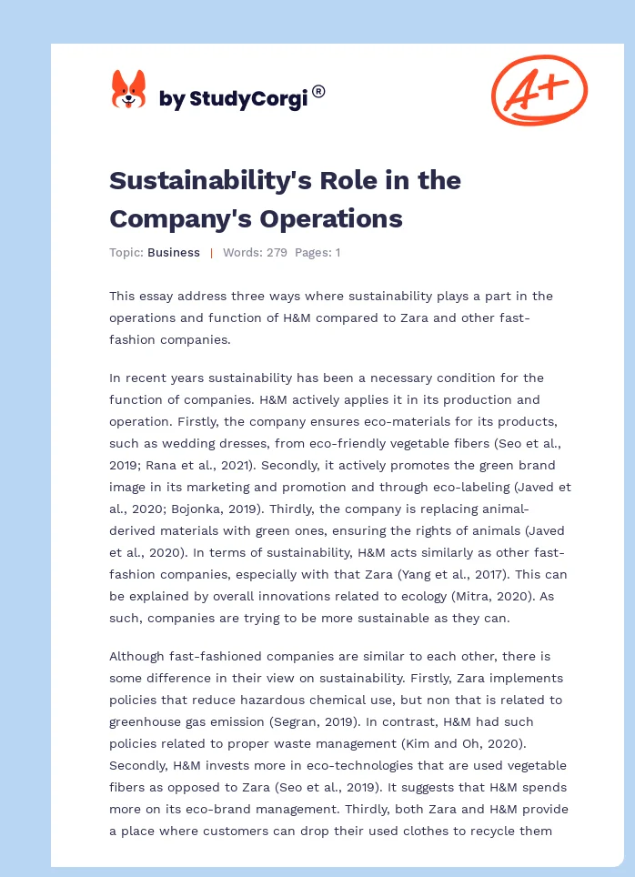 Sustainability's Role in the Company's Operations. Page 1