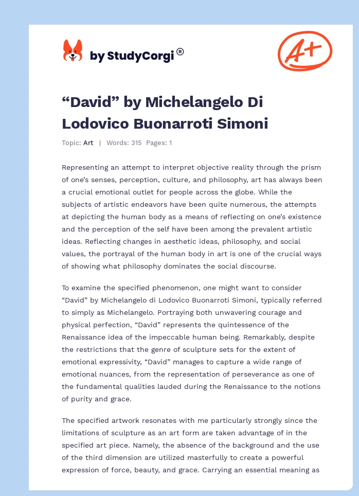 “David” by Michelangelo Di Lodovico Buonarroti Simoni. Page 1